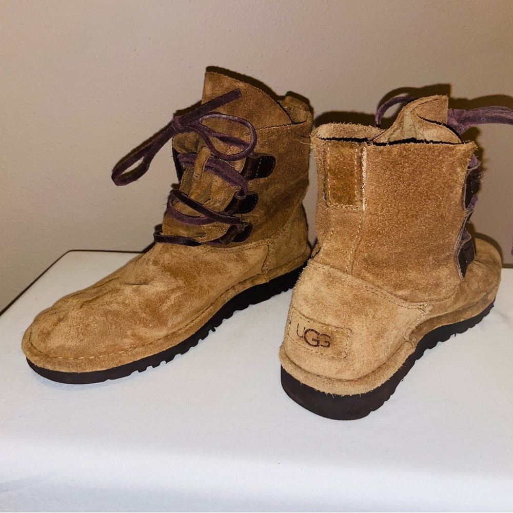 UGG Tan Suede Boots with Purple Laces